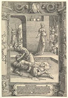 Lucas Jacobsz Prints: Jael Killing Sisera, ornamental frame, ca. 1517. Creator: Lucas van Leyden