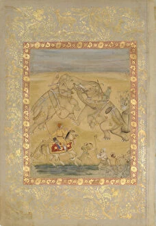 Elephants Gallery: Jahangir Watching an Elephant Fight, ca. 1605. Creator: Farrukh Chela