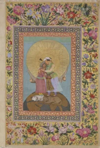 Gold Colour On Paper Prints: Jahangirs Dream. Abbas I, Shah of Persia (left) and Jahangir