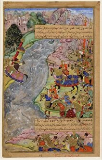Watercolour On Paper Gallery: Jalal al-Din Khwarazm-Shah crossing the rapid Indus river, escaping Chinggis Khan and his army