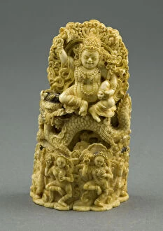 Tibetan Buddhism Gallery: Jambhala, the God of Wealth, Seated on a Dragon, 15th century. Creator: Unknown