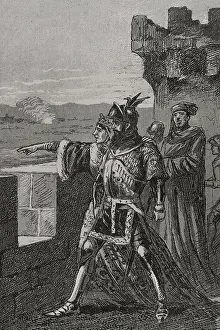James and his mother on the battlement of the walls of Balaguer, 1413, (1890). Creator: Unknown