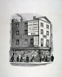 Oxford Street Gallery: James Rimells bookshop, Soho House, corner of Dean Street and Oxford Street, London, c1860