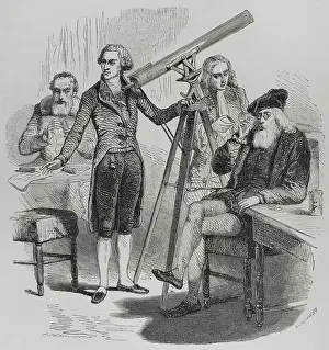 Janssen and his lenses, Galileo and his glasses, Newton and Herschel with their telescopes, 1856. Creator: Paul Perrichon