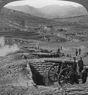 Japanese batteries firing on Russian forts, Siege of Port Arthur, Russo-Japanese War, 1904-1905