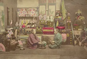 Bakumatsu Prints: Two Japanese business men in their shop, 1868-1880. Creator: Felice Beato