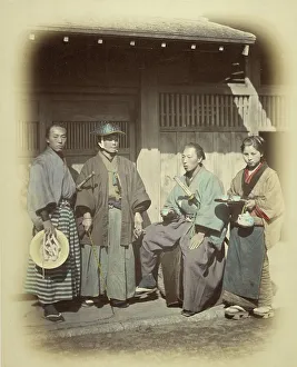 Vignette Prints: Japanese Escort Officers in Front of a Teahouse, about 1868. Creator: Felice Beato