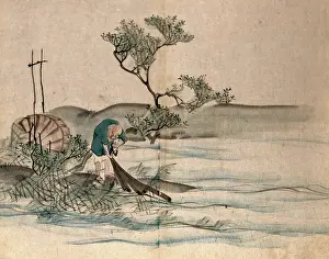 Fishing Net Prints: A Japanese fisherman on a lake shore pulling in his nets, 1860. Creator: Unknown