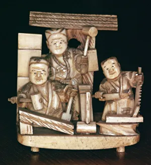 Carpentry Prints: Japanese ivory of carpenters, 19th century