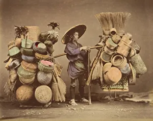 Sieve Prints: [Japanese Man Posing with Baskets, Brooms and Feather Dusters], 1870s. Creator: Unknown
