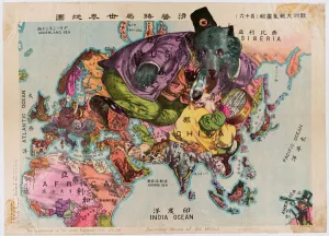 Propaganda Prints: Japanese Map from 1914. A satirical Atlas of the World
