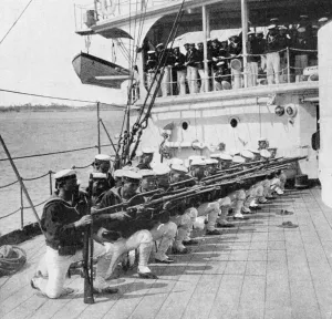 Japanese marines drilling on board the warship Mikasa, Russo-Japanese War, 1904-5