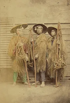 Mino Prints: Three Japanese men in grass robes and wide-brimmed hats, 1868-1880. Creator: Felice Beato