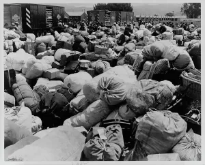Wagons Prints: Japanese relocation, California, 1942. Creator: Dorothea Lange