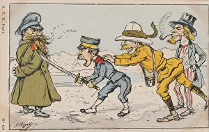 Japanese soldier challenging Russian soldier, urged on by an Englishman and Uncle Sam Japanese soldier challenging Russian soldier, urged on by an Englishman and Uncle Sam