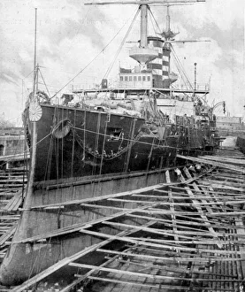 Preparation Prints: Japanese warship Mikasa at Portsmouth docks, England, 1904