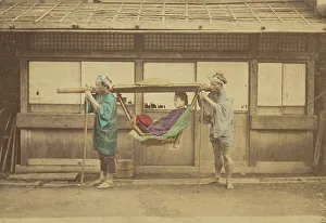 Feudal Prints: Japanese woman being carried by two Japanese men in a kago