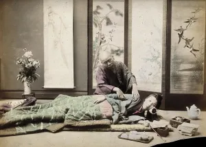 Alternative Medicine Prints: A Japanese woman being massaged by a blind Japanese masseur, c1890s. Creator: Unknown