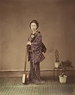 Bonsai Prints: [Japanese Woman in Traditional Dress Posing with Instrument], 1870s. Creator: Unknown