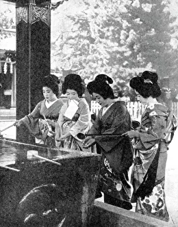 Harold Wheeler Prints: Japanese women washing their hands prior to entering a temple