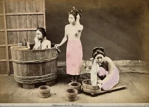 Towel Prints: Three Japanese women washing: One in a wooden tub
