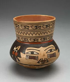 Bound Lips Gallery: Jar Depicting a Human Head, Probably a Trophy Head, 180 B.C. / A.D. 500. Creator: Unknown