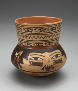 Bound Lips Gallery: Jar Depicting a Human Head, Probably a Trophy Head, 180 B.C. / A.D. 500. Creator: Unknown