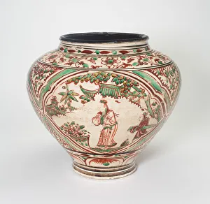Overglaze Prints: Jar with Figures in Garden Scenes, Ming dynasty (1368-1644). Creator: Unknown