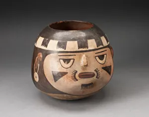 Jar in the Form of a Abstract Human Face with Modeled Facial Features, 180 B. C. / A. D. 500