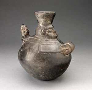 Peruvian Collection: Jar in the Form of a Figure Holding a Drum and Carrying a Child, A. D. 1200/1450. Creator: Unknown