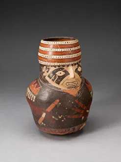 Face Paint Prints: Jar in the Form of a Warrior Holding a Club and Other Weapons, 180 B. C. / A. D. 500