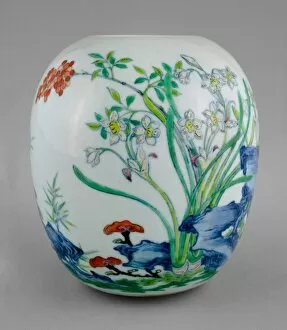 Underglaze Blue Gallery: Jar with Narcissus, Nandina Berries, Lingzhi Mushrooms