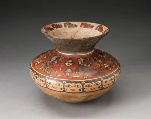 Nazca Prints: Jar with Narrow Neck and Flared Rim Depicing Figures with Diamond-Shaped Shields, 180 B. C