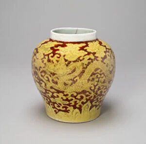 Awata Ware Collection: Jar with Paired Dragons Chasing Flaming Pearls amid Stylized