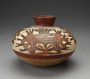 Nazca Prints: Jar with Small Neck Depicting Abstract Face of Masked Figure, 180 B. C. / A. D. 500