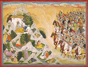 Elephants Gallery: Jarasandhas army advances toward Krishna and Balarama, folio from a Mahabharata, ca