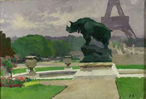 Eiffel Tower Prints: Jardin du Trocadéro avec le Rhinocéros de Jacquemart, 1922. Creator: Jules Ernest Renoux