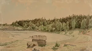 Cove Prints: Järvenlahti landscape, an old barn in the foreground and a wooded shore in the background