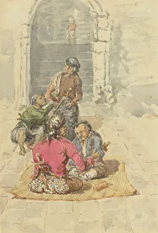 Dutch Empire Prints: Four Javanese at the entrance of the stairs to the terraces of Borobudur