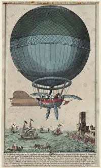 Balloonist Prints: Jean Pierre Blanchard and John Jefferies arriving in Calais after crossing the English Channel in a hot air balloon