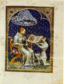 Jean de Vaudetar presents his gift of a book to Charles V of France. (From the Bible historiale of Jean de Vaudetar) Jean de Vaudetar presents his gift of a book to Charles V of France. (From the Bible historiale of Jean de Vaudetar)