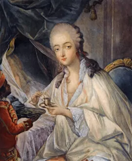 Woman At Her Toilette Collection: Jeanne Becu, comtesse Du Barry (1743-1793) with a cup of coffee. Artist: Gautier Dagoty