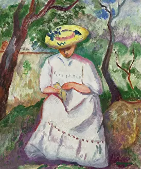 Jeanne sewing under a cork oak, Villa Demiere, 1907. Creator: Manguin, Henri Charles (1874-1949)