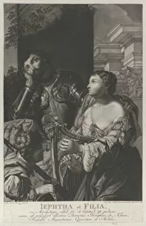 Young Women Collection: Jephtha dressed in armor looking up in despair, and his daughter holds a harp at right, 1775