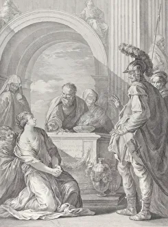 Pietro Monaco Prints: Jephthahs daughter kneeling by the sacrificial altar, with her father standing at righ