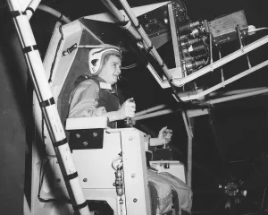 Prototype Prints: Jerrie Cobb testing gimbal rig in the Altitude Wind Tunnel, USA, c1950s. Creator: NASA