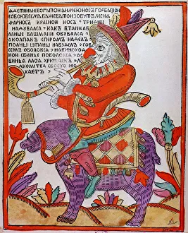 The Jester Farnos the Red Nose, Lubok print, 18th century. Lubok (plural Lubki) prints were Russian popular prints with simple graphics portraying stories derived from literature, religion and popular tales. Found in the collection of the State Russian Museum, St Petersburg The Jester Farnos the Red Nose, Lubok print, 18th century