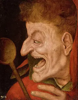 Oil On Paper Prints: A jester: a grotesque head of a fool brandishing a wooden spoon. Creator: Massys, Quentin