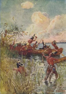 Jesuit Prints: Jesuit Priest and Converts Attacked By Indians, 1916. Artist: Henry Sandham