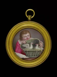 Jeune garçon tenant un panier enfermant deux pigeons, between 1770 and 1790. Creator: Ecole Francaise